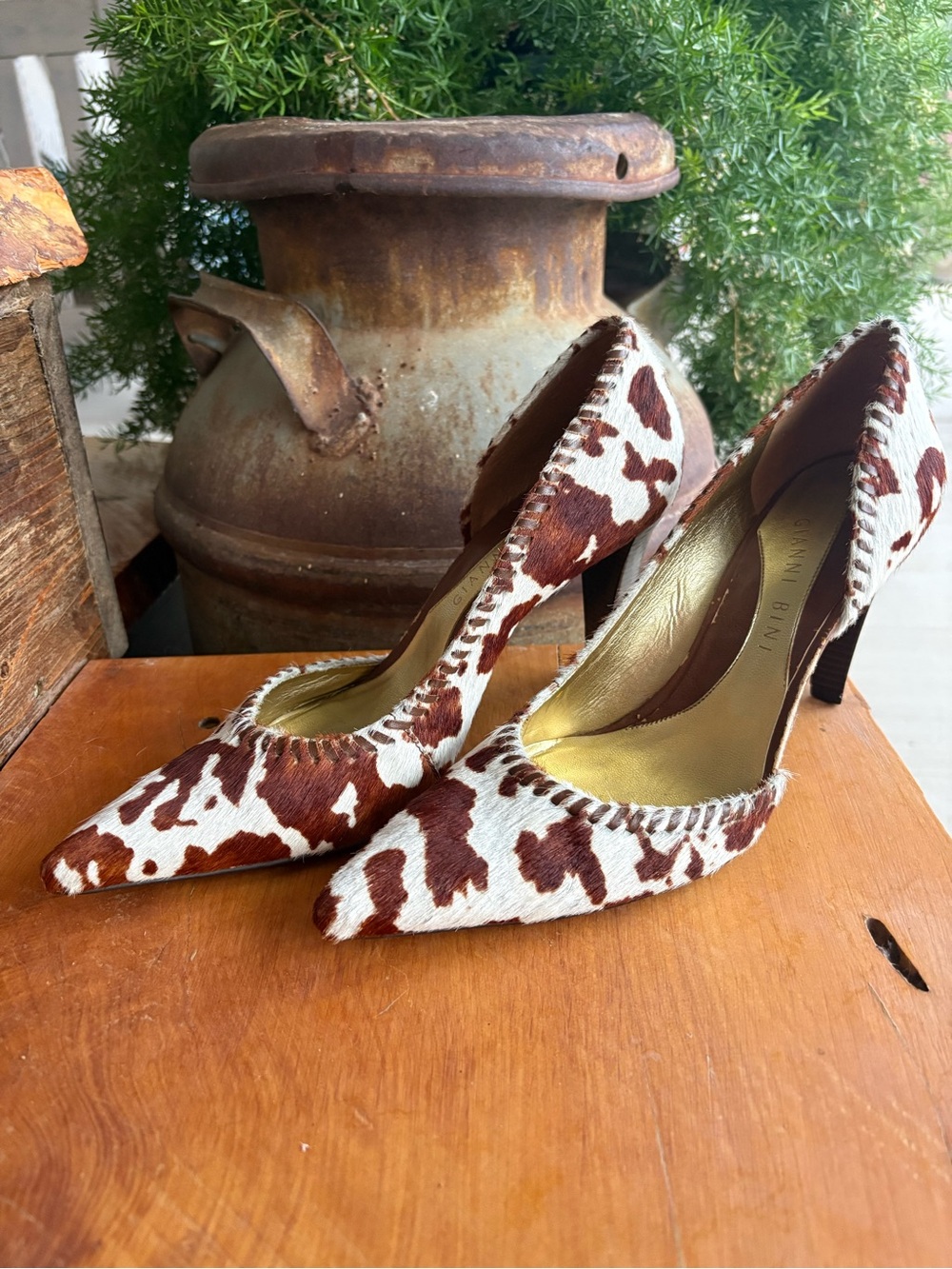 Gianni Bini Brown and White Cowhide Pointed Toe Pumps